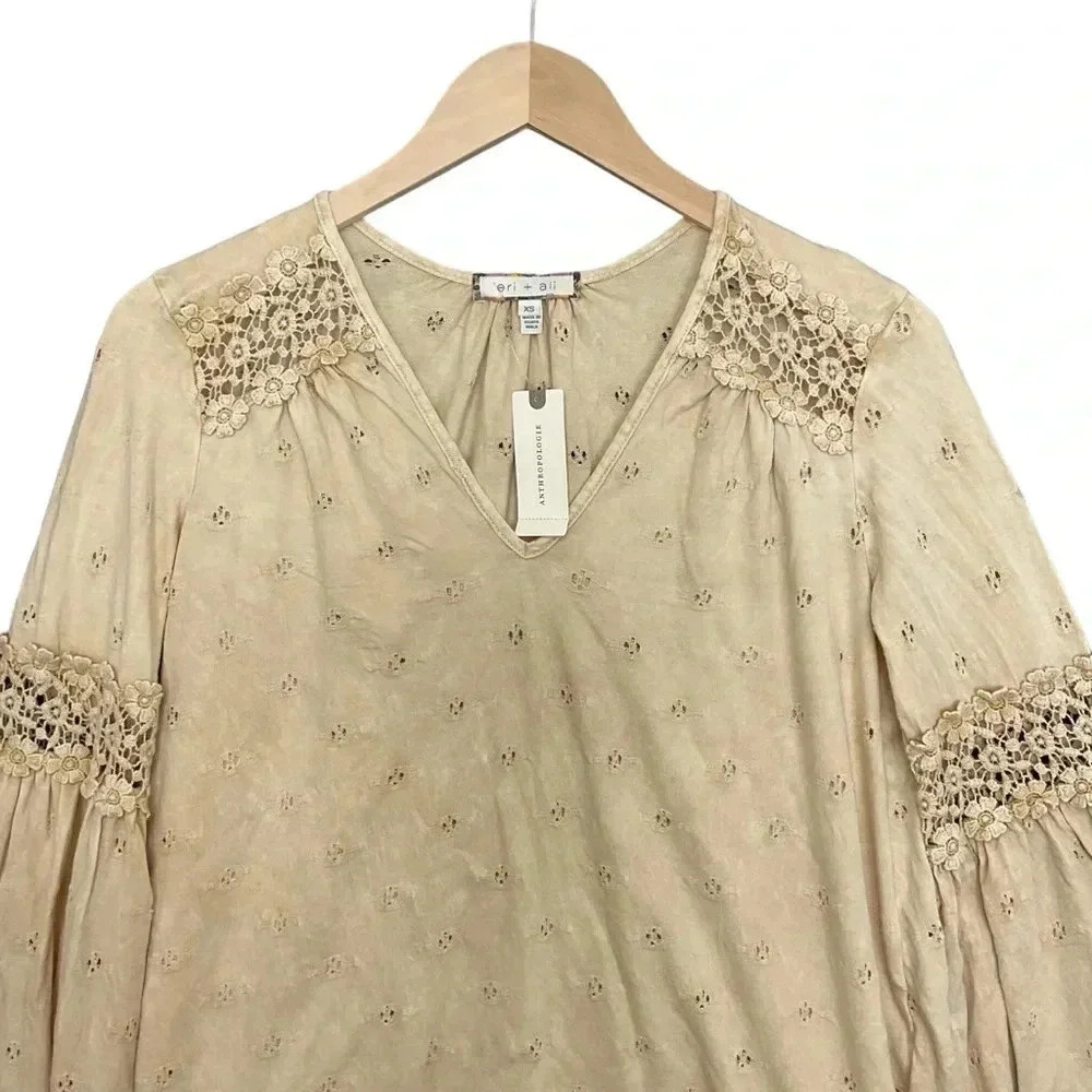 Anthropologie Eri+Ali Crochet Bell Sleeve Boho Top XS - Picture 2 of 6